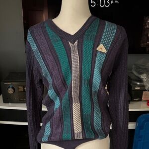 Elegant V-Neck Sweater in Purple and Teal wool